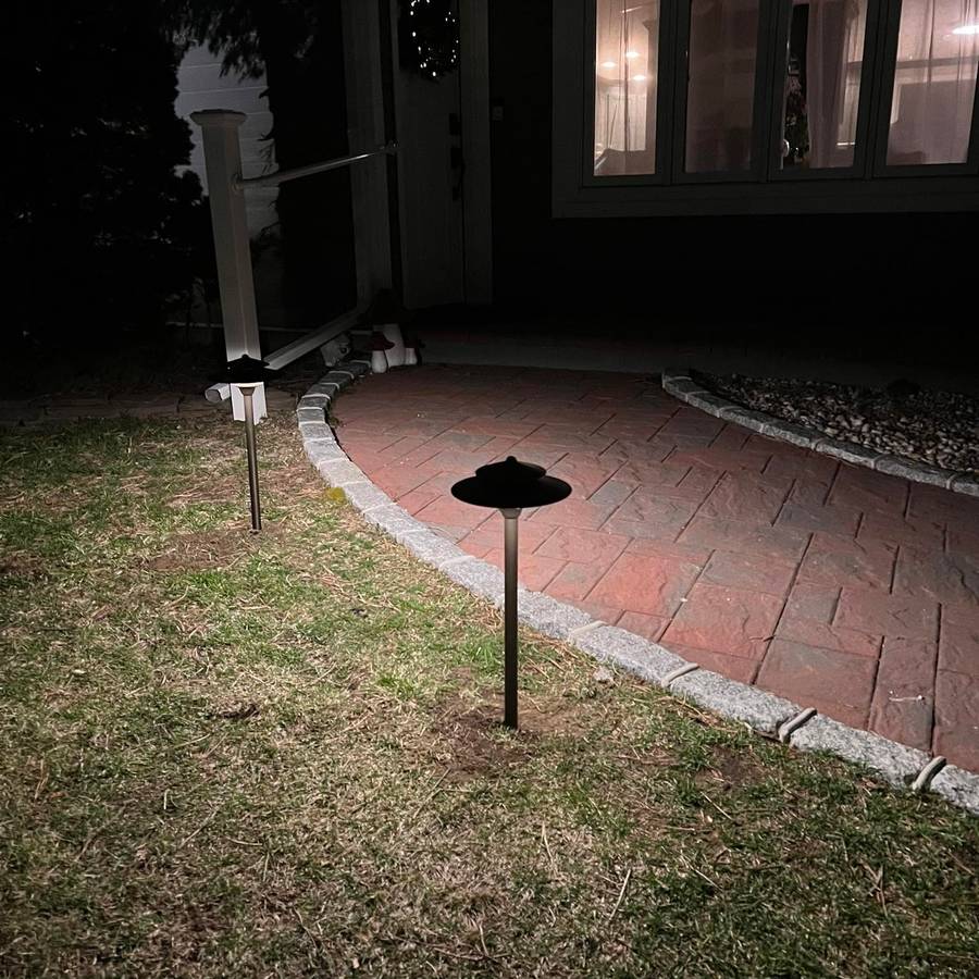 Low path lighting beside a dark walkway