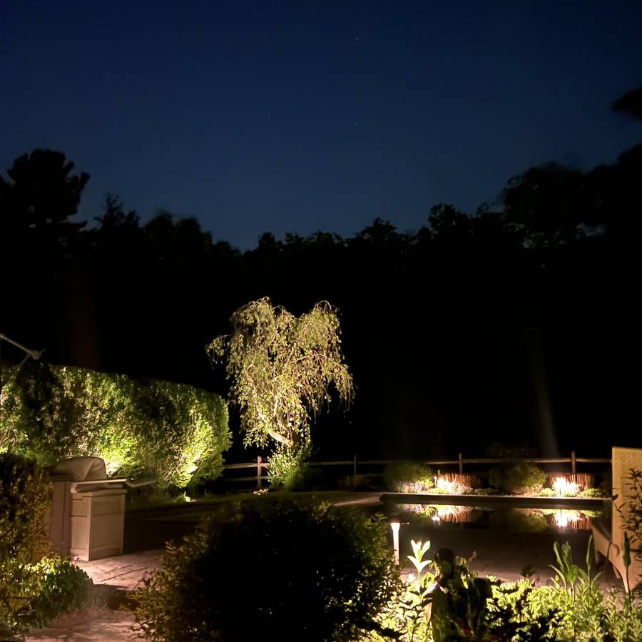 Pool and backyard landscape lighting at night